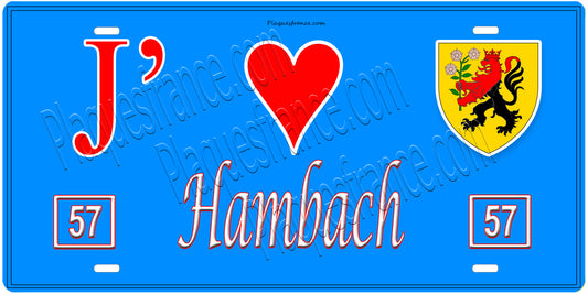 Plaque métal décorative, J'❤️Hambach, Moselle, fond mur bleu 57