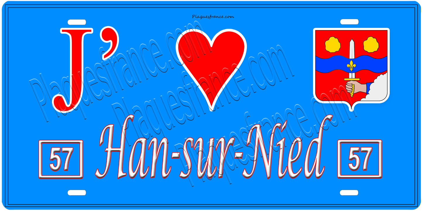 Plaque métal décorative, J'❤️Han-sur-Nied, Moselle, fond mur bleu 57