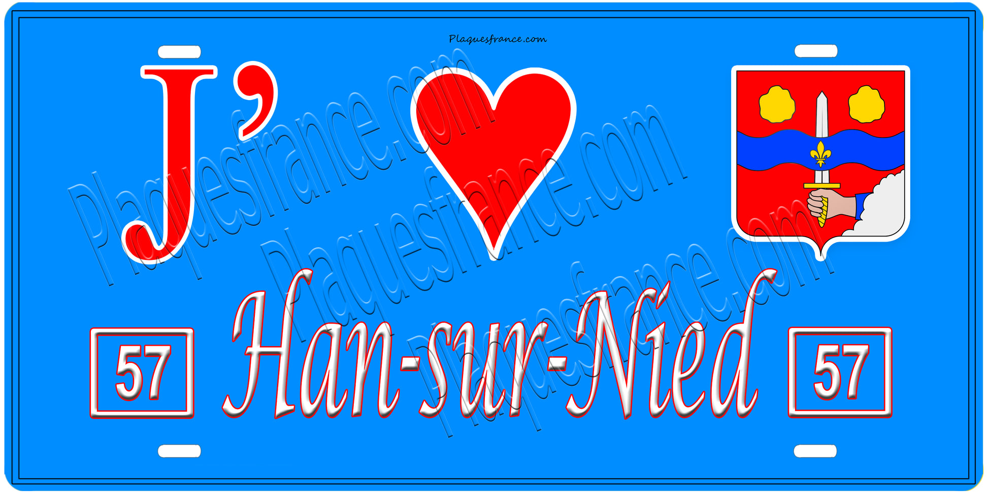 Plaque métal décorative, J'❤️Han-sur-Nied, Moselle, fond mur bleu 57