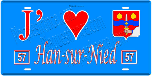 Plaque métal décorative, J'❤️Han-sur-Nied, Moselle, fond mur bleu 57