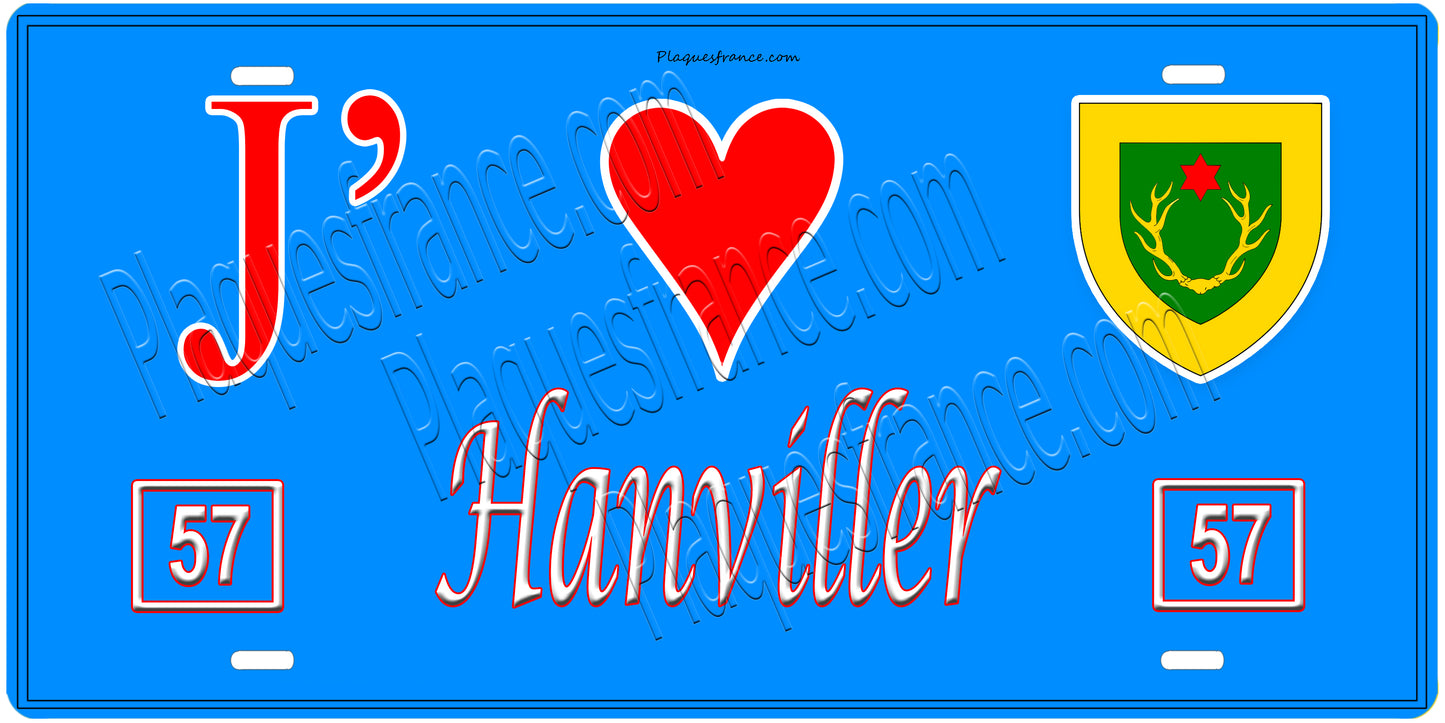 Plaque métal décorative, J'❤️ Hanviller, Moselle, fond mur bleu 57