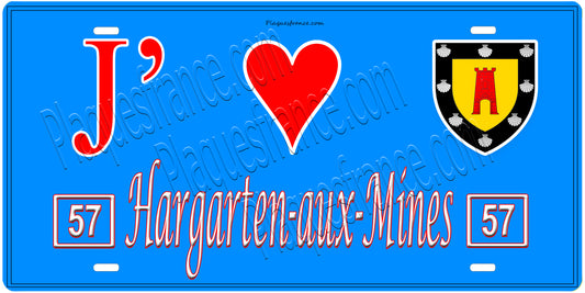 Plaque métal décorative, J'❤️ Hargarten-aux-Mines, Moselle, fond mur bleu 57
