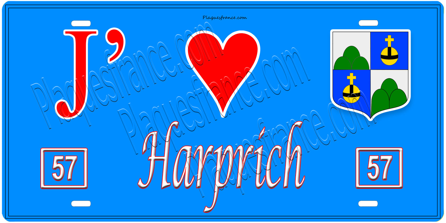 Plaque métal décorative, J'❤️Harprich, Moselle, fond mur bleu 57