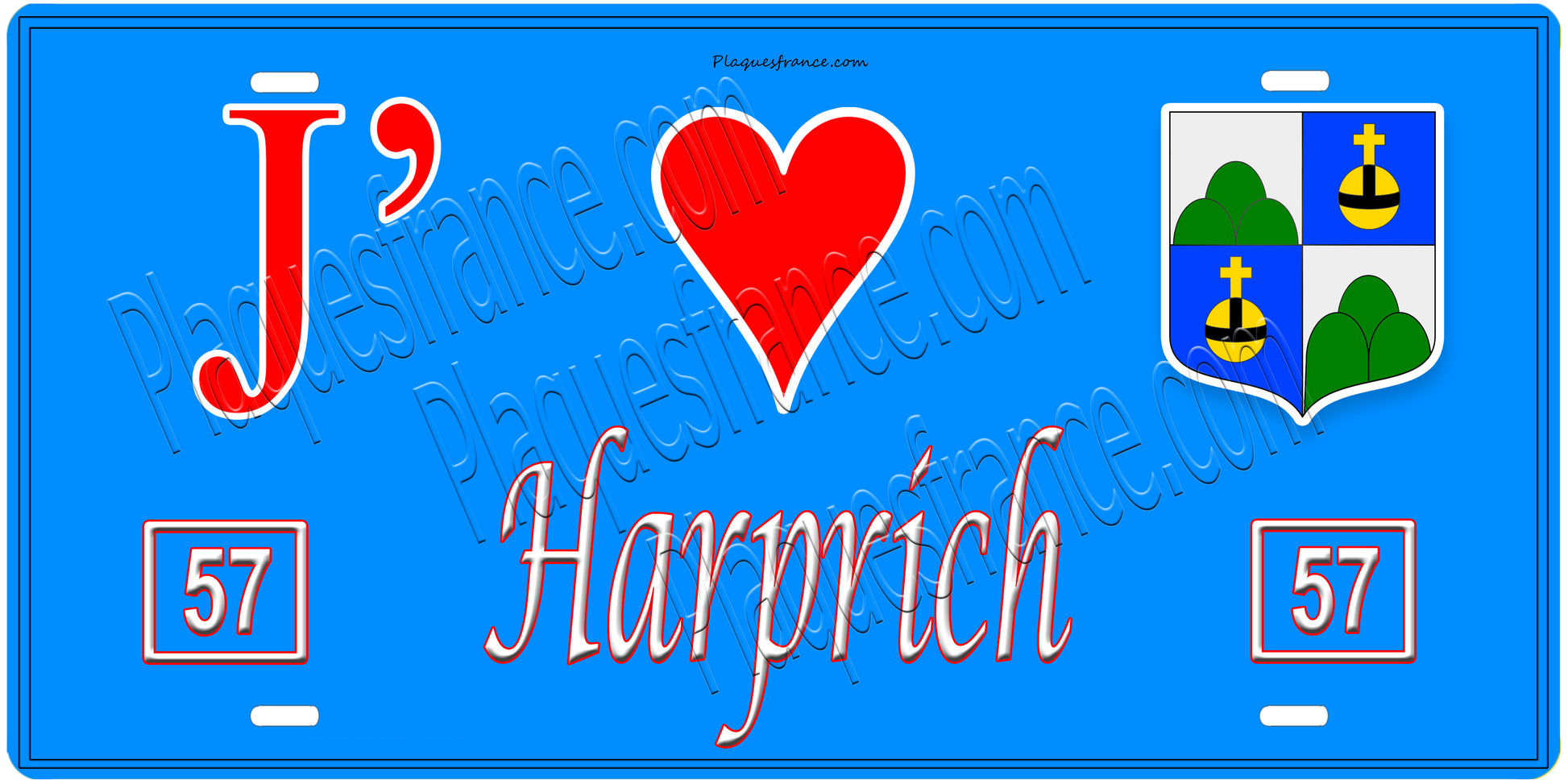 Plaque métal décorative, J'❤️Harprich, Moselle, fond mur bleu 57