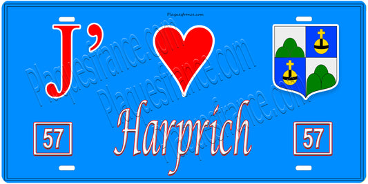 Plaque métal décorative, J'❤️Harprich, Moselle, fond mur bleu 57