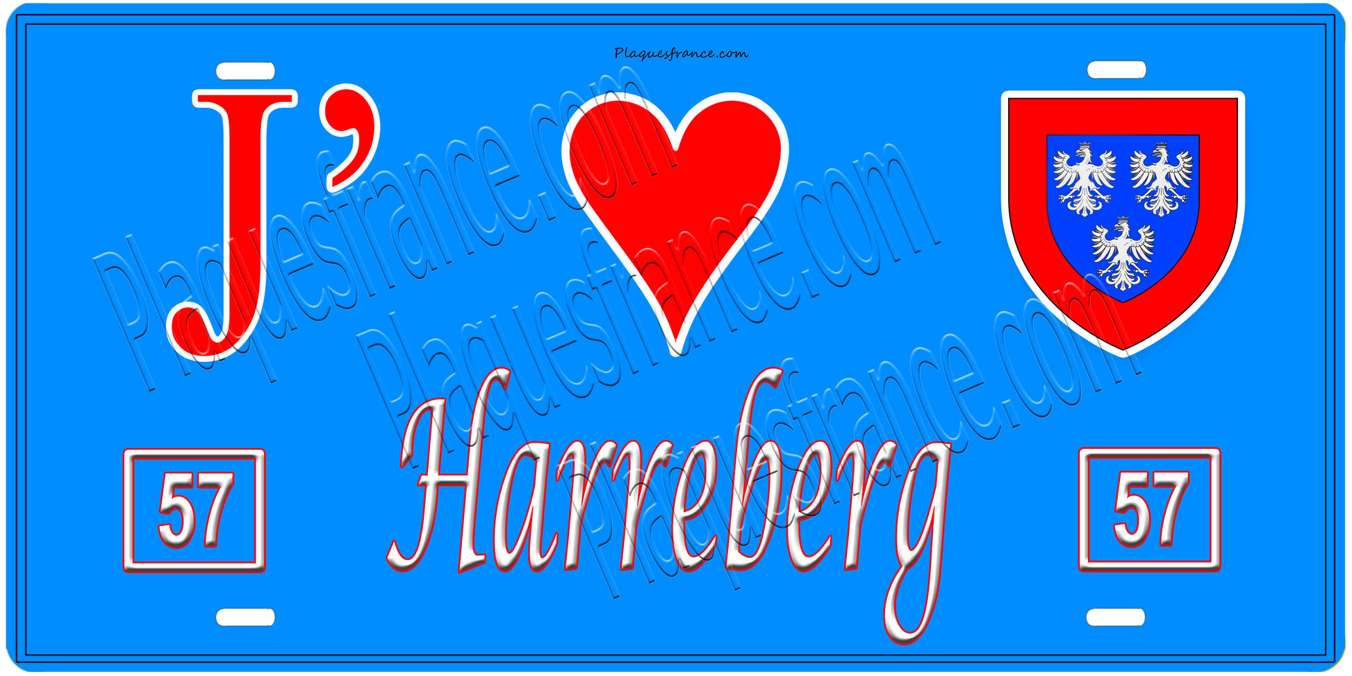 Plaque métal décorative, J'❤️Harreberg, Moselle, fond mur bleu 57