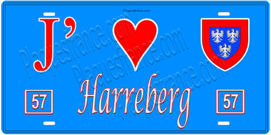 Plaque métal décorative, J'❤️Harreberg, Moselle, fond mur bleu 57