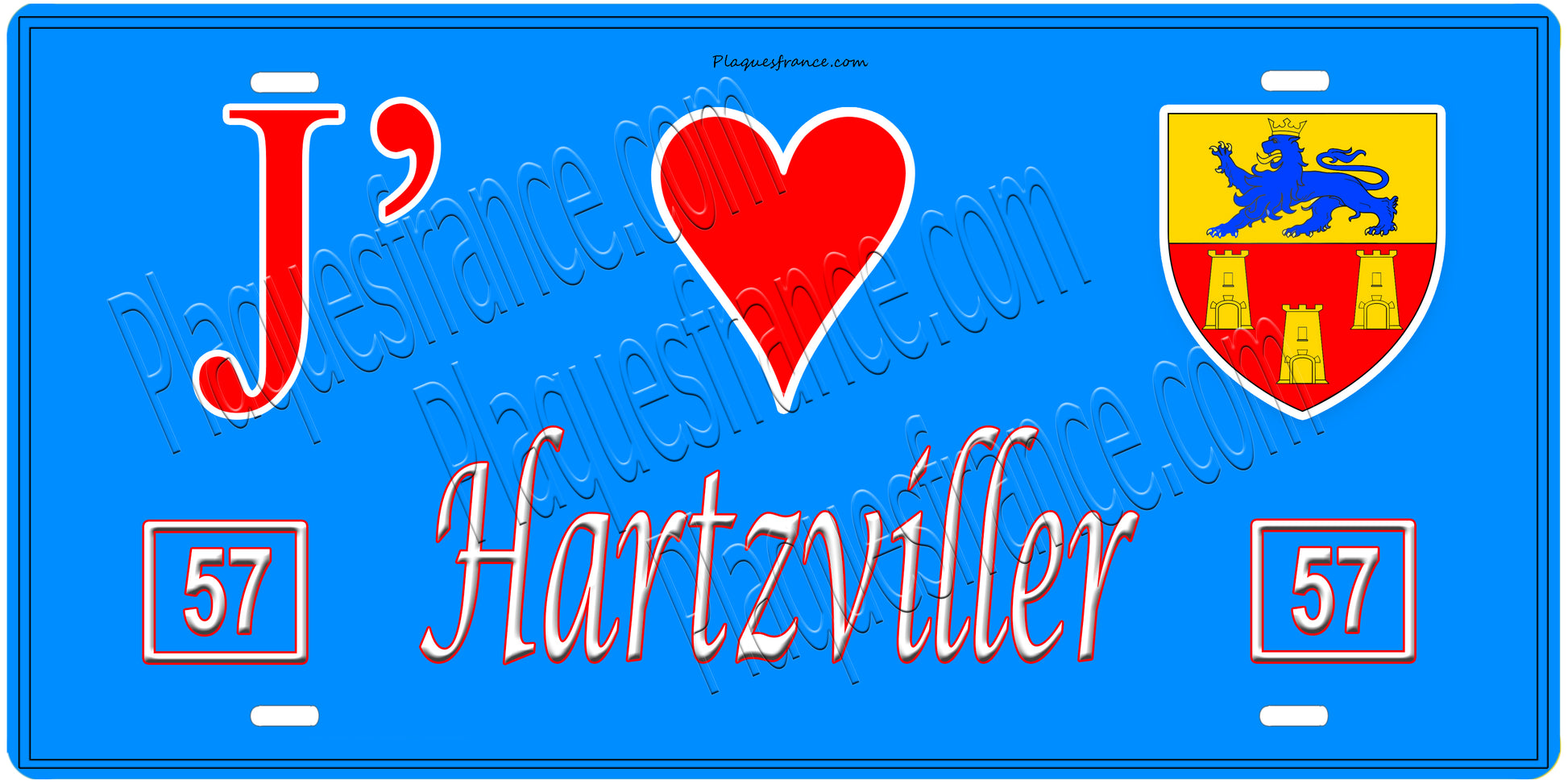 Plaque métal décorative, J'❤️Hartzviller, Moselle, fond mur bleu 57