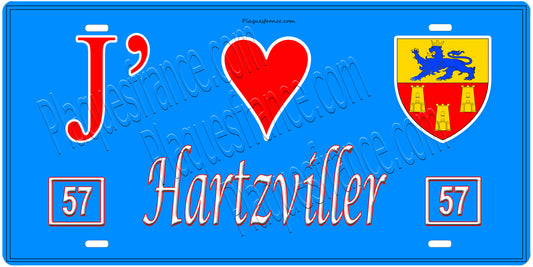Plaque métal décorative, J'❤️Hartzviller, Moselle, fond mur bleu 57