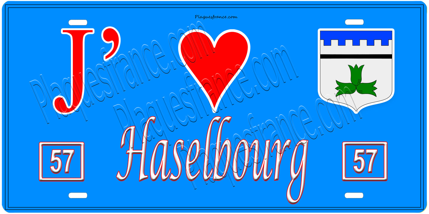 Plaque métal décorative, J'❤️Haselbourg, Moselle, fond mur bleu 57