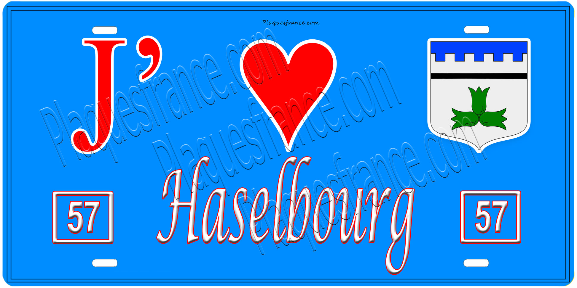 Plaque métal décorative, J'❤️Haselbourg, Moselle, fond mur bleu 57