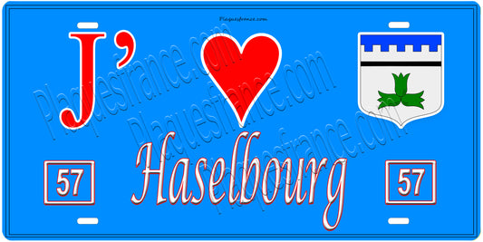 Plaque métal décorative, J'❤️Haselbourg, Moselle, fond mur bleu 57