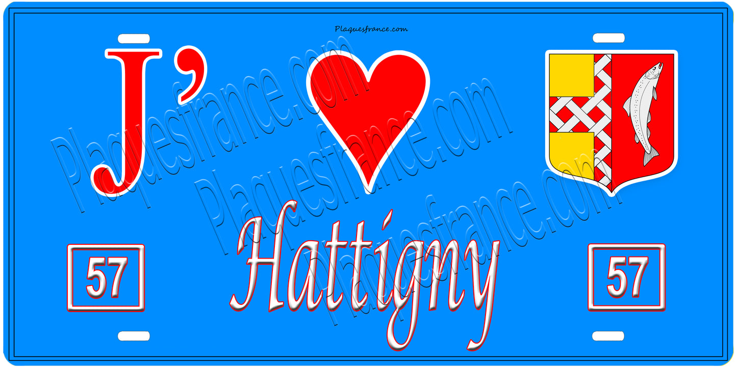 Plaque métal décorative, J'❤️Hattigny, Moselle, fond mur bleu 57