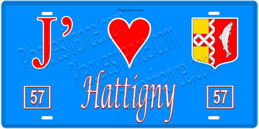 Plaque métal décorative, J'❤️Hattigny, Moselle, fond mur bleu 57