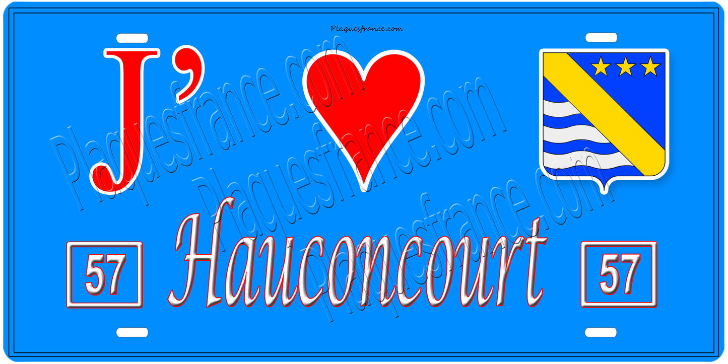 Plaque métal décorative,J'❤️Hauconcourt, Moselle, fond mur bleu 57
