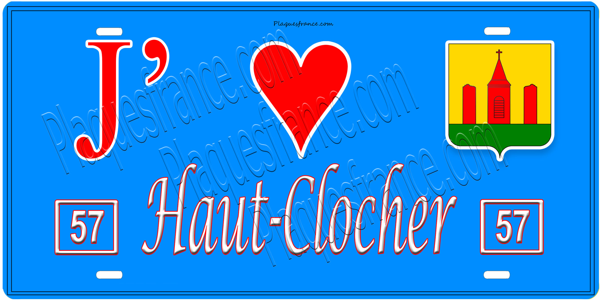 Plaque métal décorative, J'❤️Haut-Clocher, Moselle, fond mur bleu 57