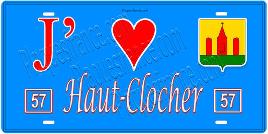 Plaque métal décorative, J'❤️Haut-Clocher, Moselle, fond mur bleu 57