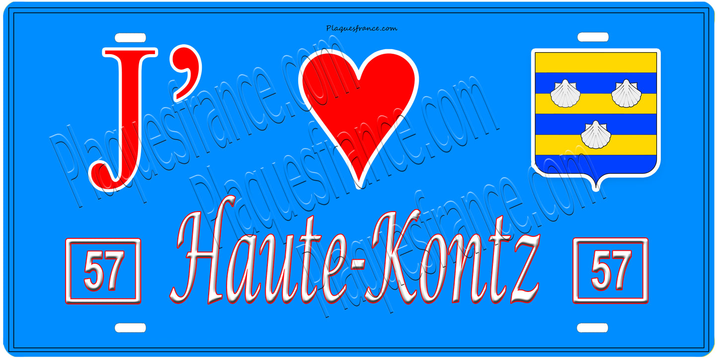 Plaque métal décorative, J'❤️ Haute-Kontz, Moselle, fond mur bleu 57