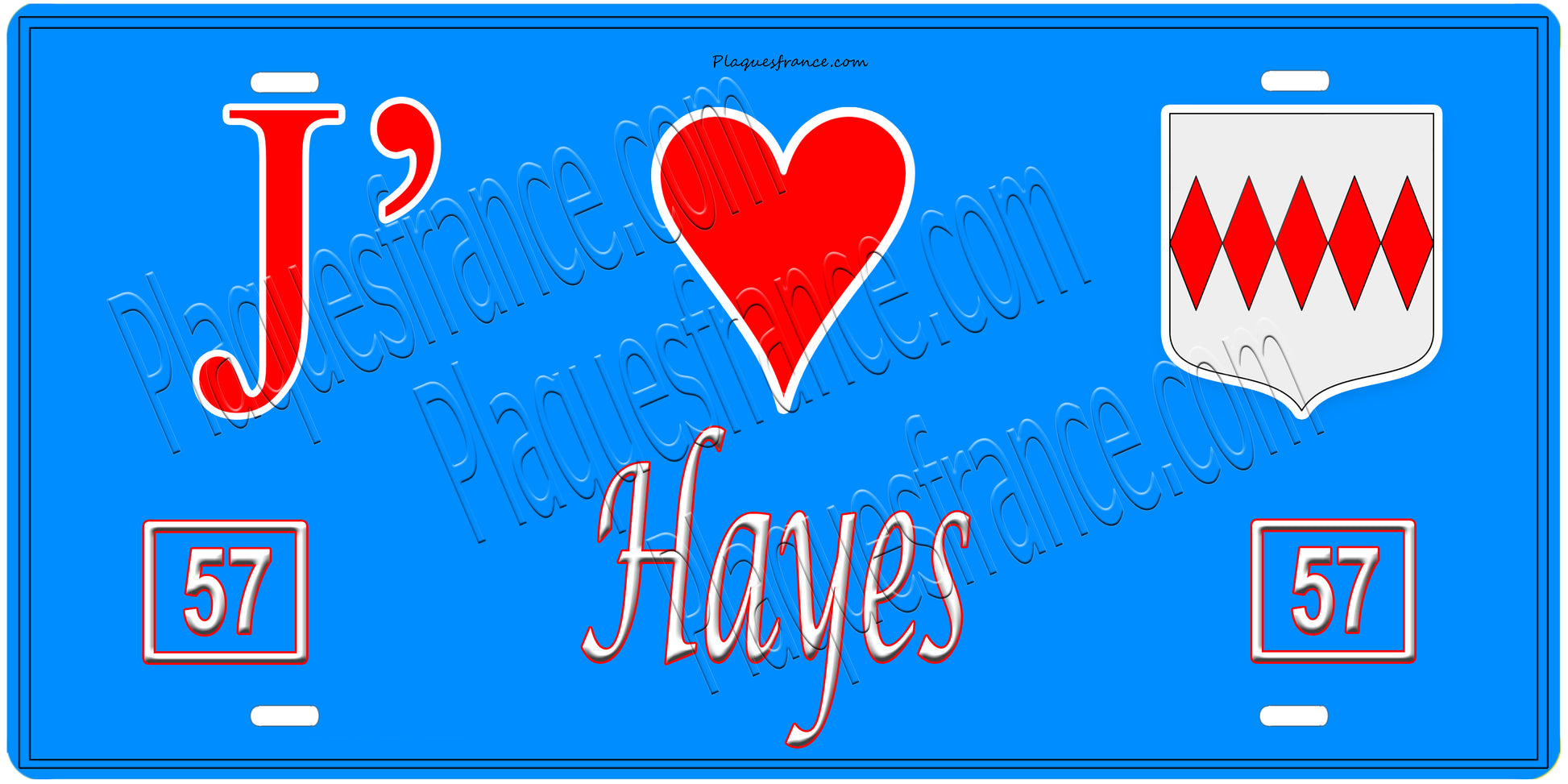 Plaque métal décorative, J'❤️Hayes , Moselle, fond mur bleu 57