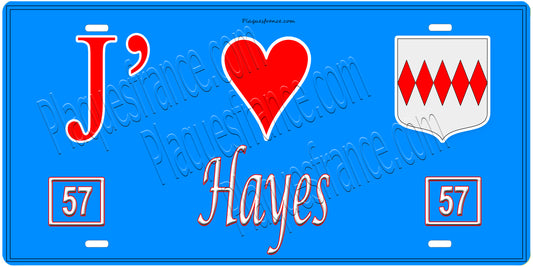 Plaque métal décorative, J'❤️Hayes , Moselle, fond mur bleu 57