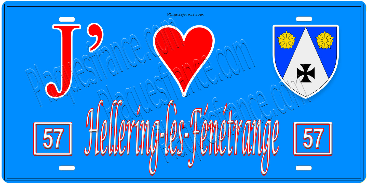 Plaque métal décorative, J'❤️Hellering-lès-Fénétrange, Moselle, fond mur bleu 57