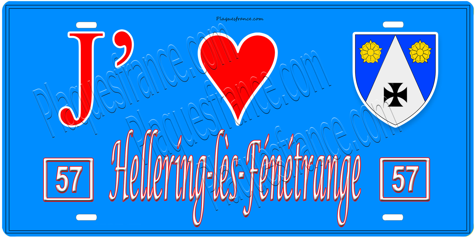 Plaque métal décorative, J'❤️Hellering-lès-Fénétrange, Moselle, fond mur bleu 57
