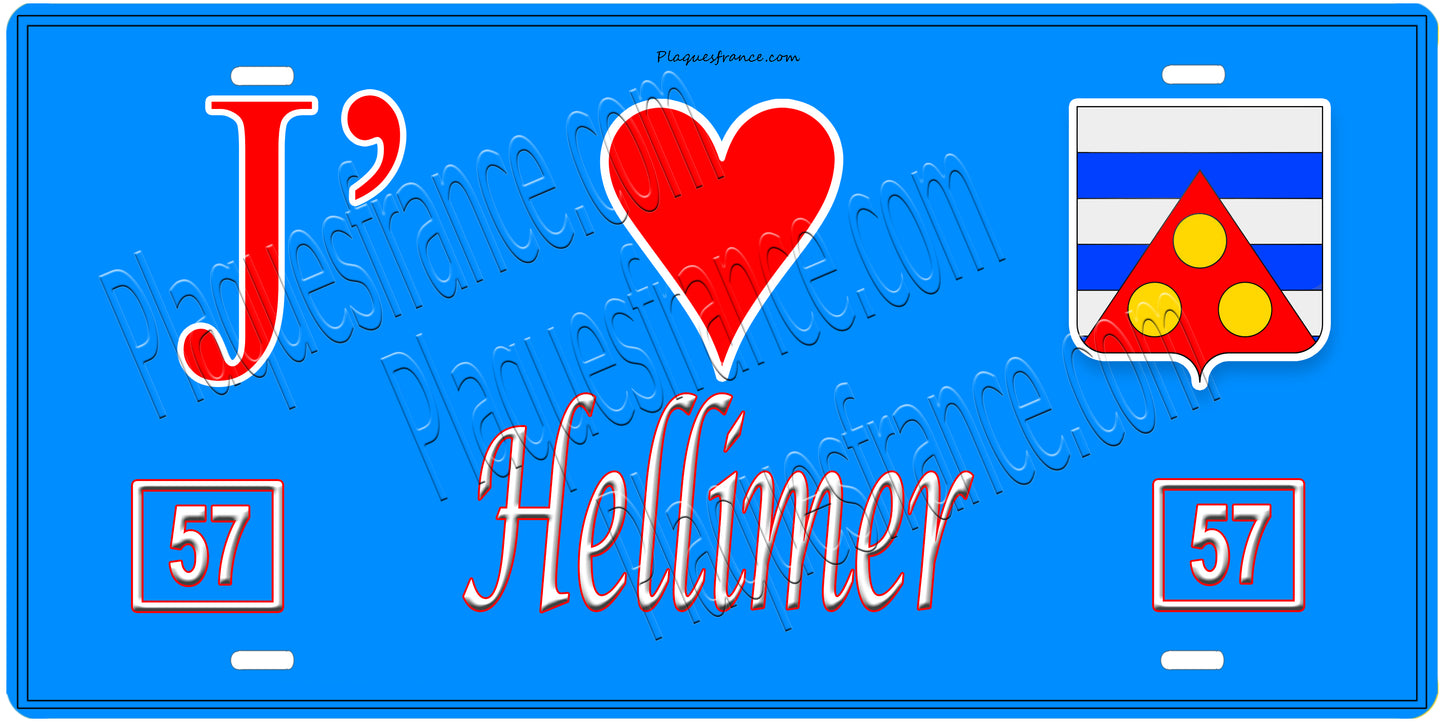 Plaque métal décorative, J'❤️Hellimer, Moselle, fond mur bleu 57