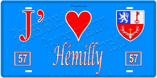 Plaque métal décorative, J'❤️Hémilly, Moselle, fond mur bleu 57