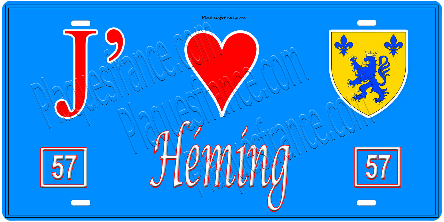 Plaque métal décorative, J'❤️Héming, Moselle, fond mur bleu 57