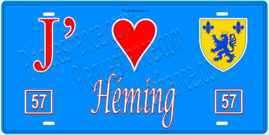 Plaque métal décorative, J'❤️Héming, Moselle, fond mur bleu 57