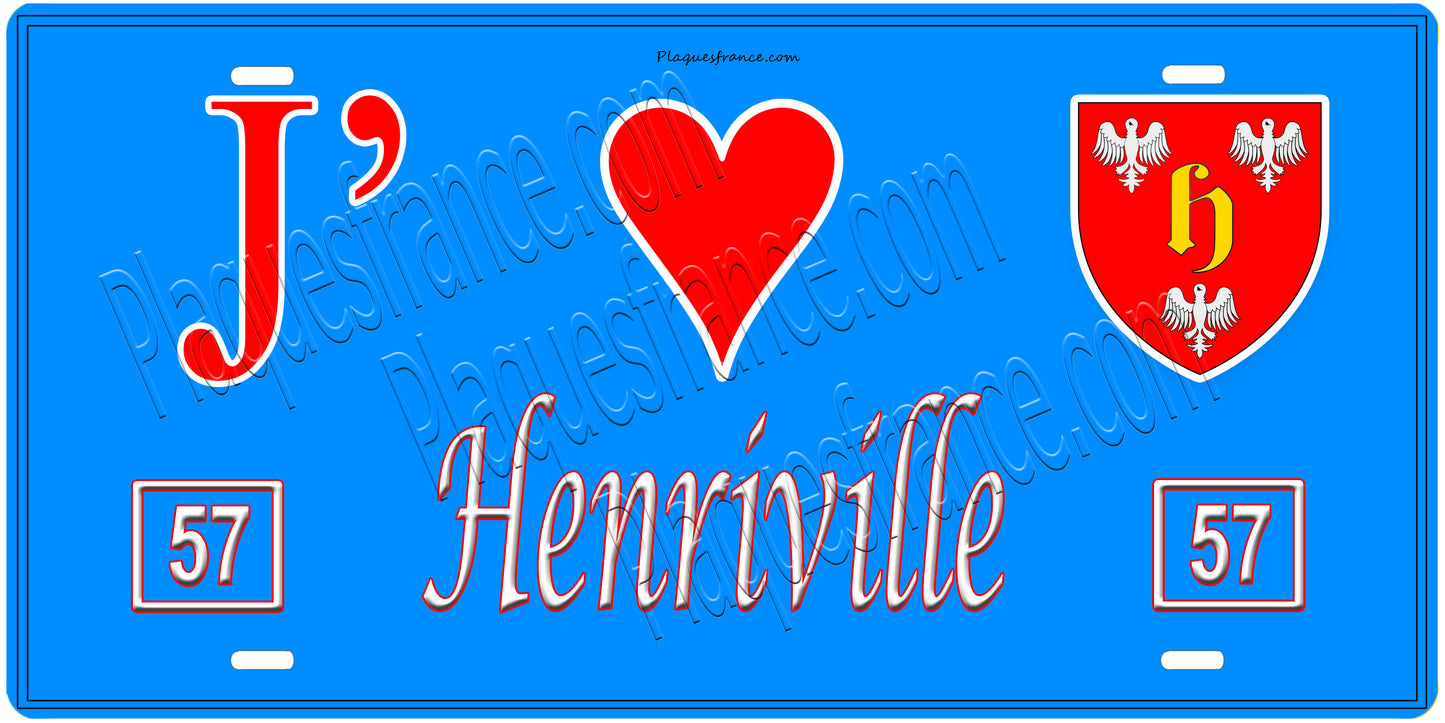 Plaque métal décorative, J'❤️ Henriville, Moselle, fond mur bleu 57