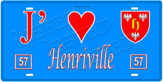 Plaque métal décorative, J'❤️ Henriville, Moselle, fond mur bleu 57