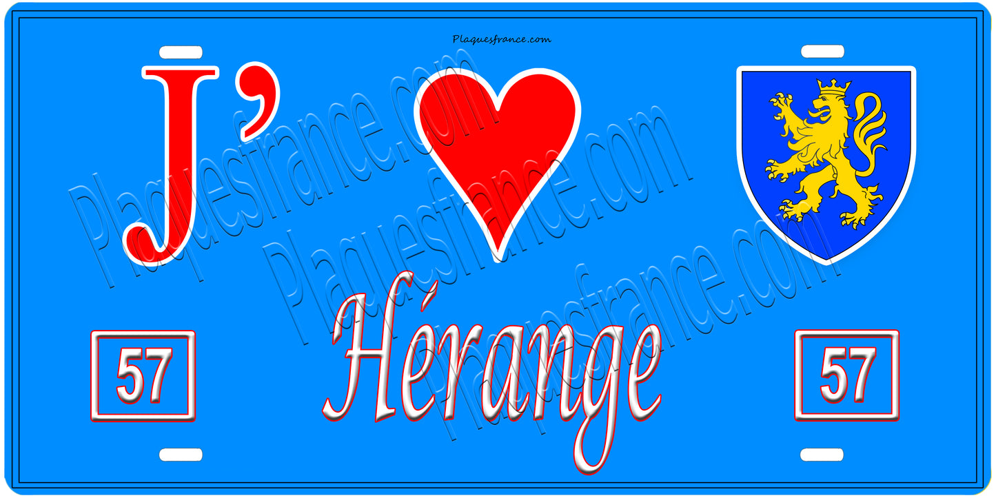 Plaque métal décorative, J'❤️Hérange, Moselle, fond mur bleu 57