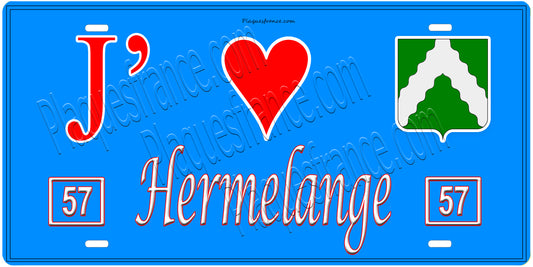 Plaque métal décorative, J'❤️Hermelange, Moselle, fond mur bleu 57