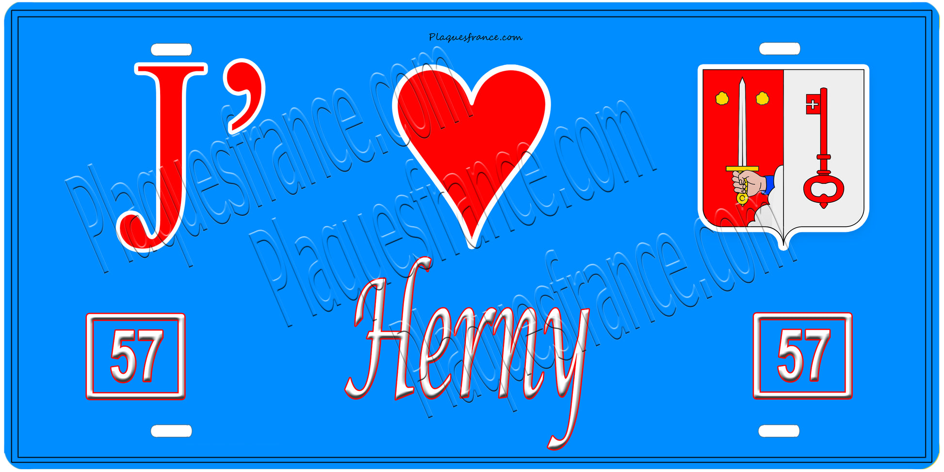 Plaque métal décorative, J'❤️Herny, Moselle, fond mur bleu 57