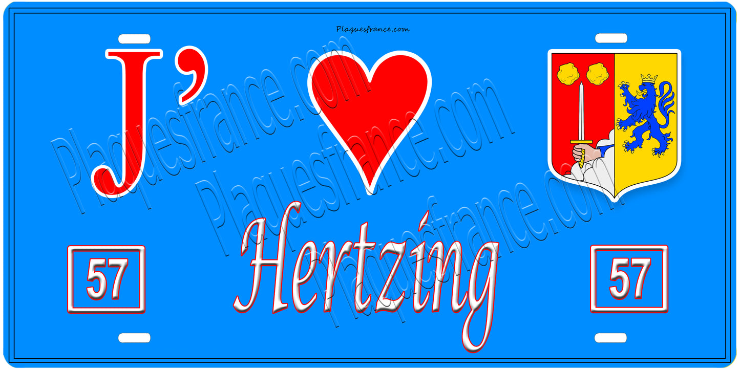 Plaque métal décorative, J'❤️Hertzing, Moselle, fond mur bleu 57