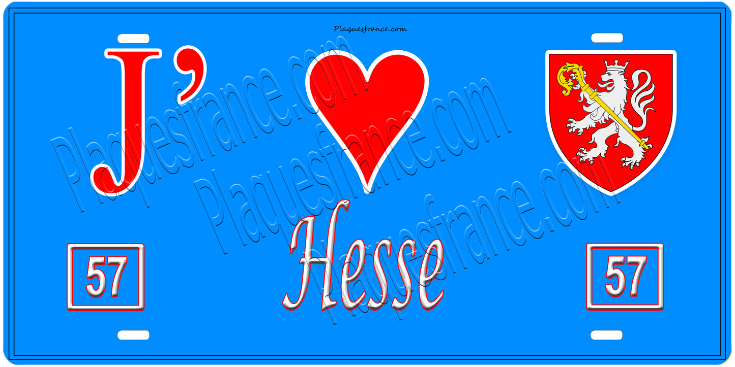 Plaque métal décorative, J'❤️Hesse, Moselle, fond mur bleu 57