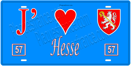 Plaque métal décorative, J'❤️Hesse, Moselle, fond mur bleu 57