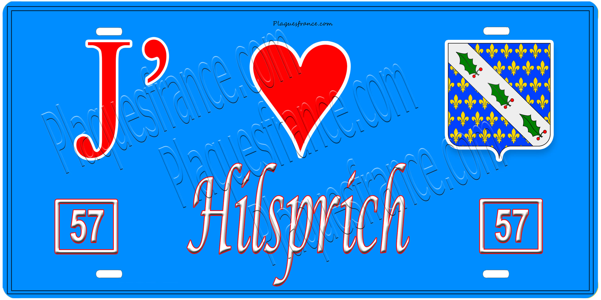 Plaque métal décorative, J'❤️Hilsprich, Moselle, fond mur bleu 57