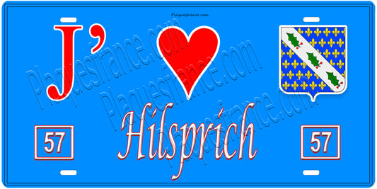 Plaque métal décorative, J'❤️Hilsprich, Moselle, fond mur bleu 57