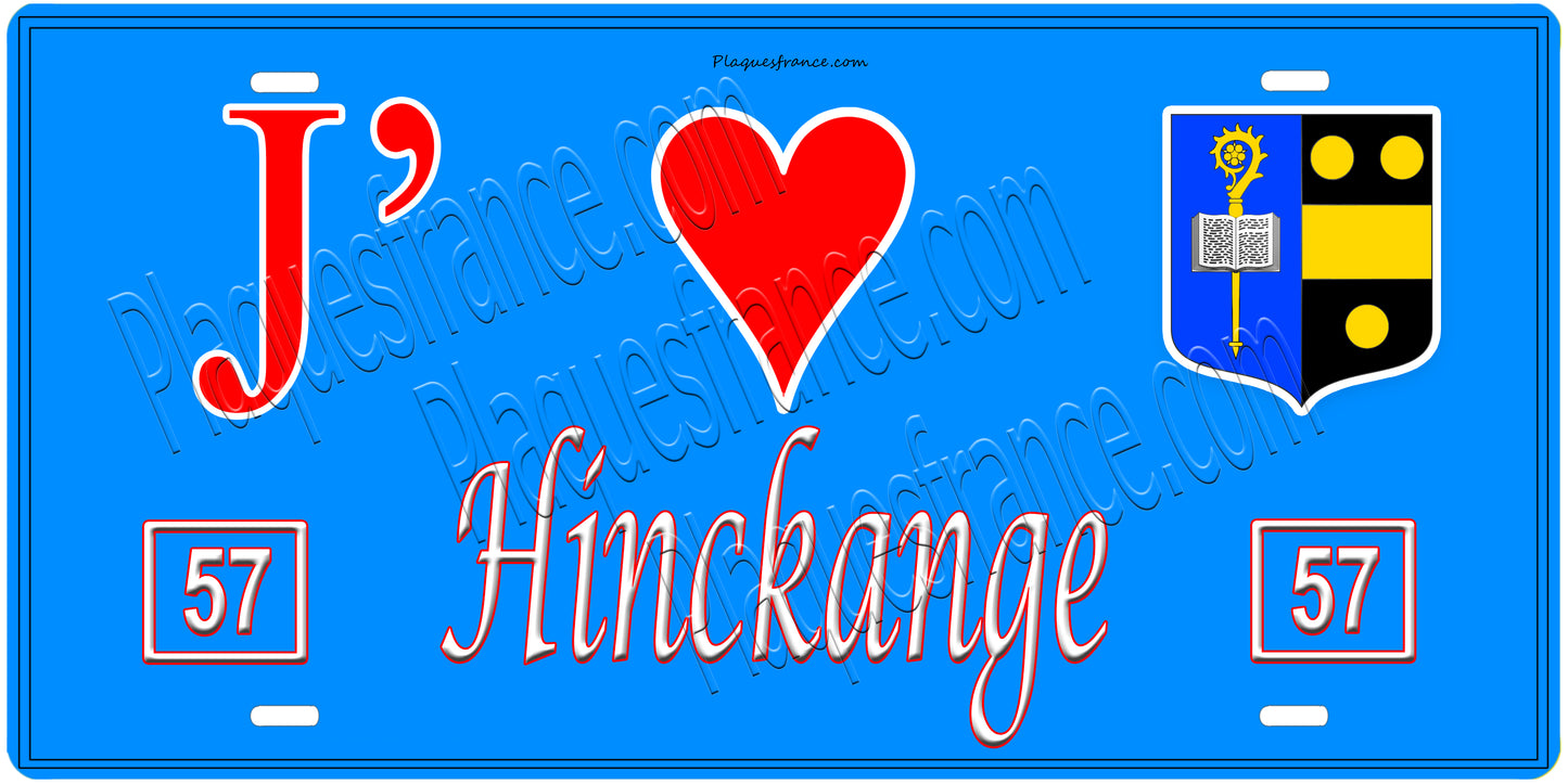 Plaque métal décorative, J'❤️ Hinckange, Moselle, fond mur bleu 57