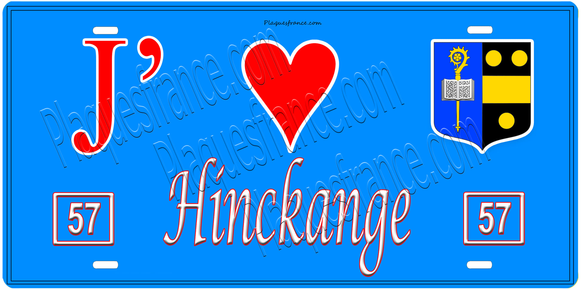 Plaque métal décorative, J'❤️ Hinckange, Moselle, fond mur bleu 57