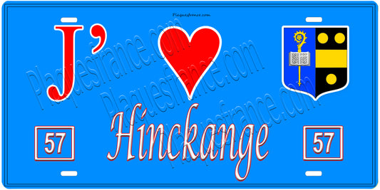 Plaque métal décorative, J'❤️ Hinckange, Moselle, fond mur bleu 57