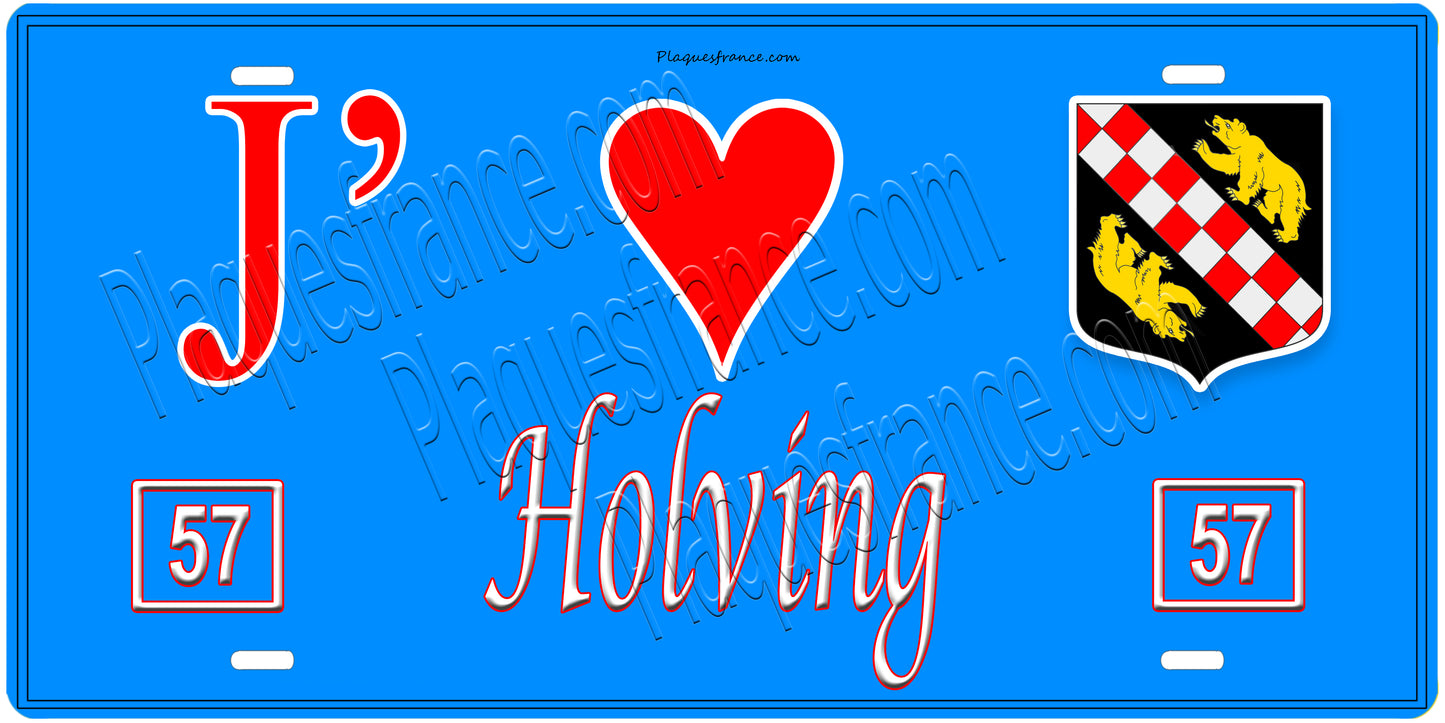 Plaque métal décorative, J'❤️Holving, Moselle, fond mur bleu 57