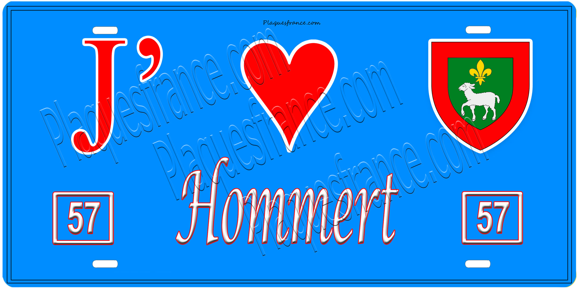 Plaque métal décorative, J'❤️Hommert, Moselle, fond mur bleu 57