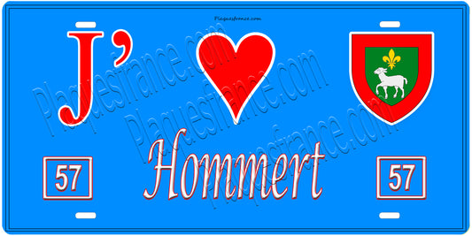 Plaque métal décorative, J'❤️Hommert, Moselle, fond mur bleu 57