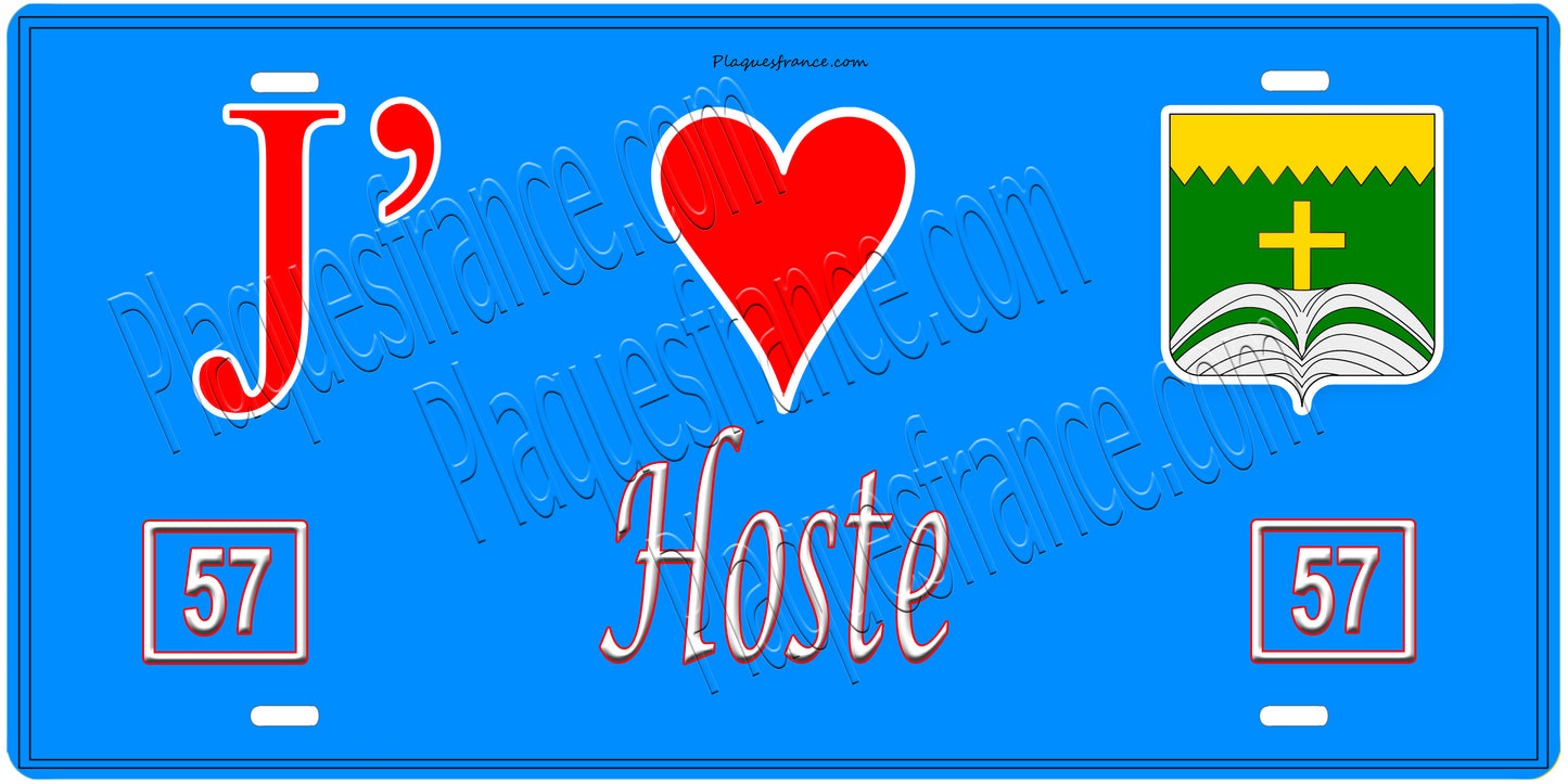 Plaque métal décorative, J'❤️ Hoste, Moselle, fond mur bleu 57