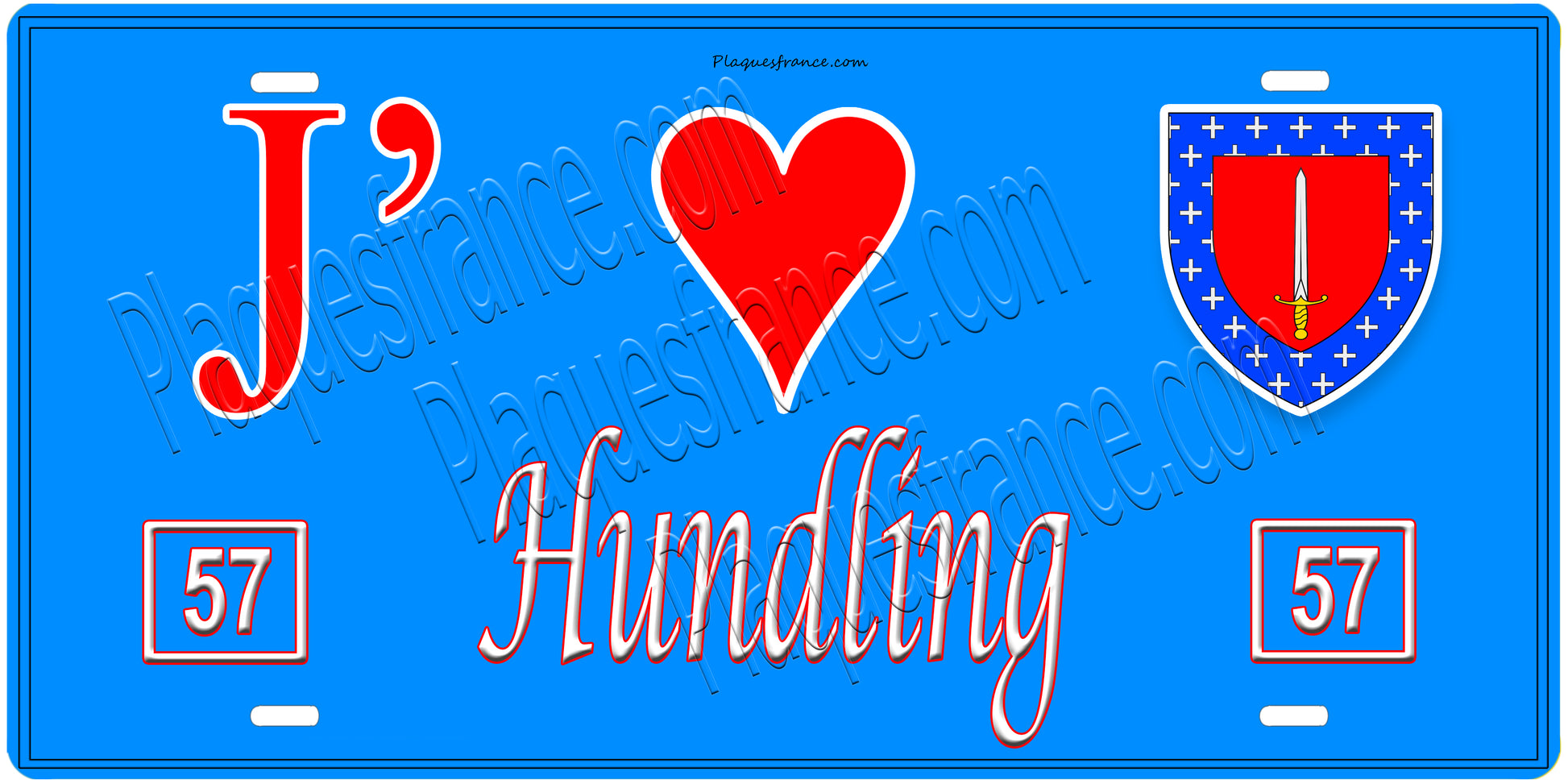 Plaque métal décorative, J'❤️Hundling, Moselle, fond mur bleu 57