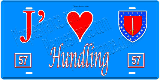 Plaque métal décorative, J'❤️Hundling, Moselle, fond mur bleu 57