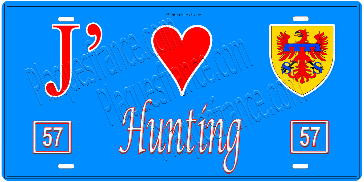 Plaque métal décorative, J'❤️ Hunting, Moselle, fond mur bleu 57